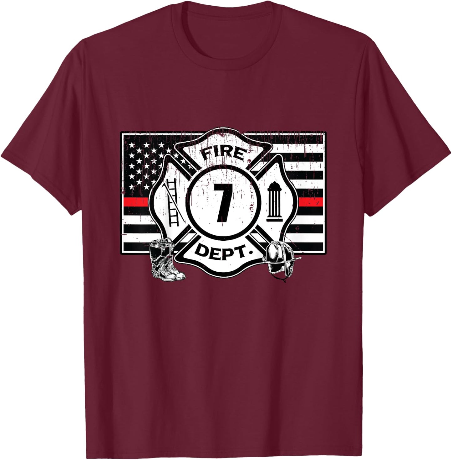 7th Birthday Firefighter Fire Truck 7 Year Old T-Shirt - T-Shirt | Maroon