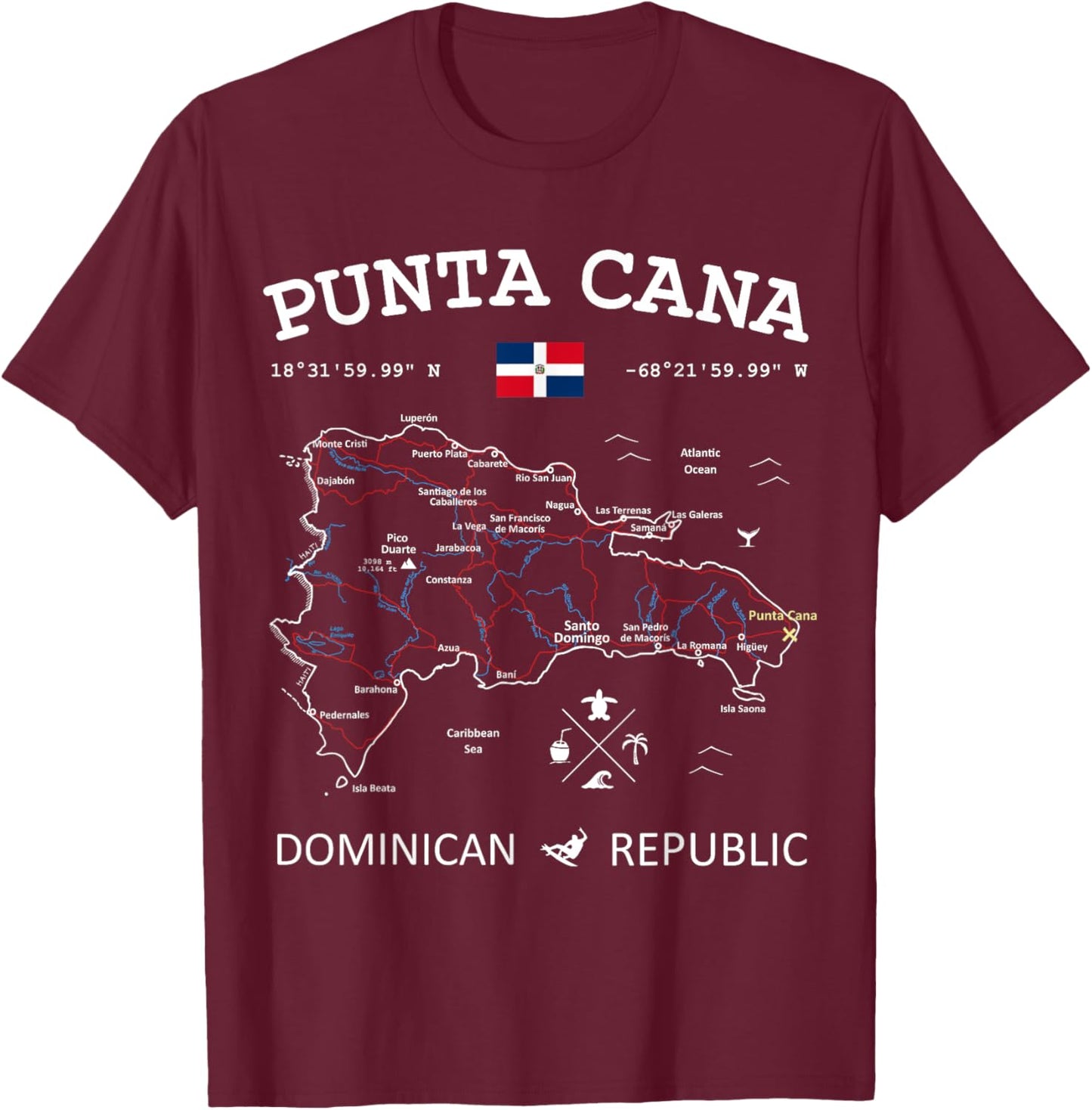 Punta Cana Dominican Republic Map Flag Travel Coordinates T-Shirt - T-Shirt | Maroon