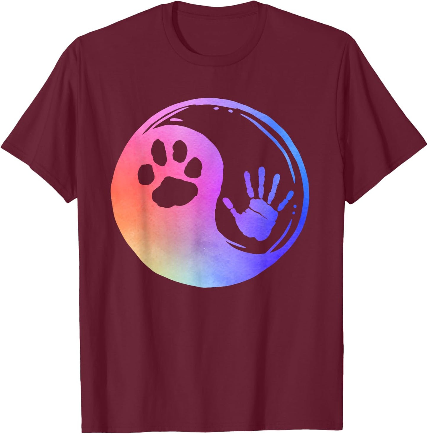 Dog Cat Paw Print Hand Yin Yang Rainbow Pawprint Hand Print T-Shirt - T-Shirt | Maroon