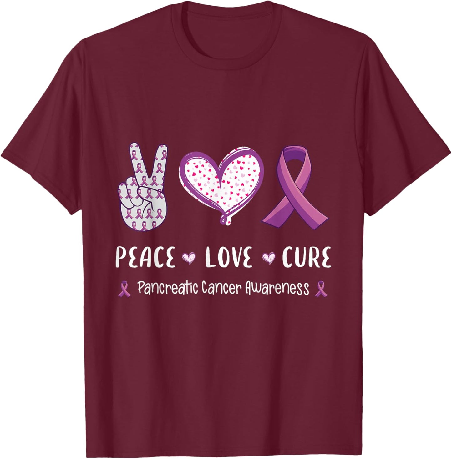 Peace Love Cure Pancreatic Cancer Awareness Men Women Kids T-Shirt - T-Shirt | Maroon