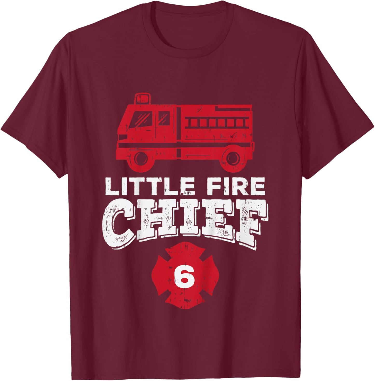 Kids Little Fire Chief 6 Truck 6th Birthday Firefighter Boys Gift T-Shirt - T-Shirt | Maroon