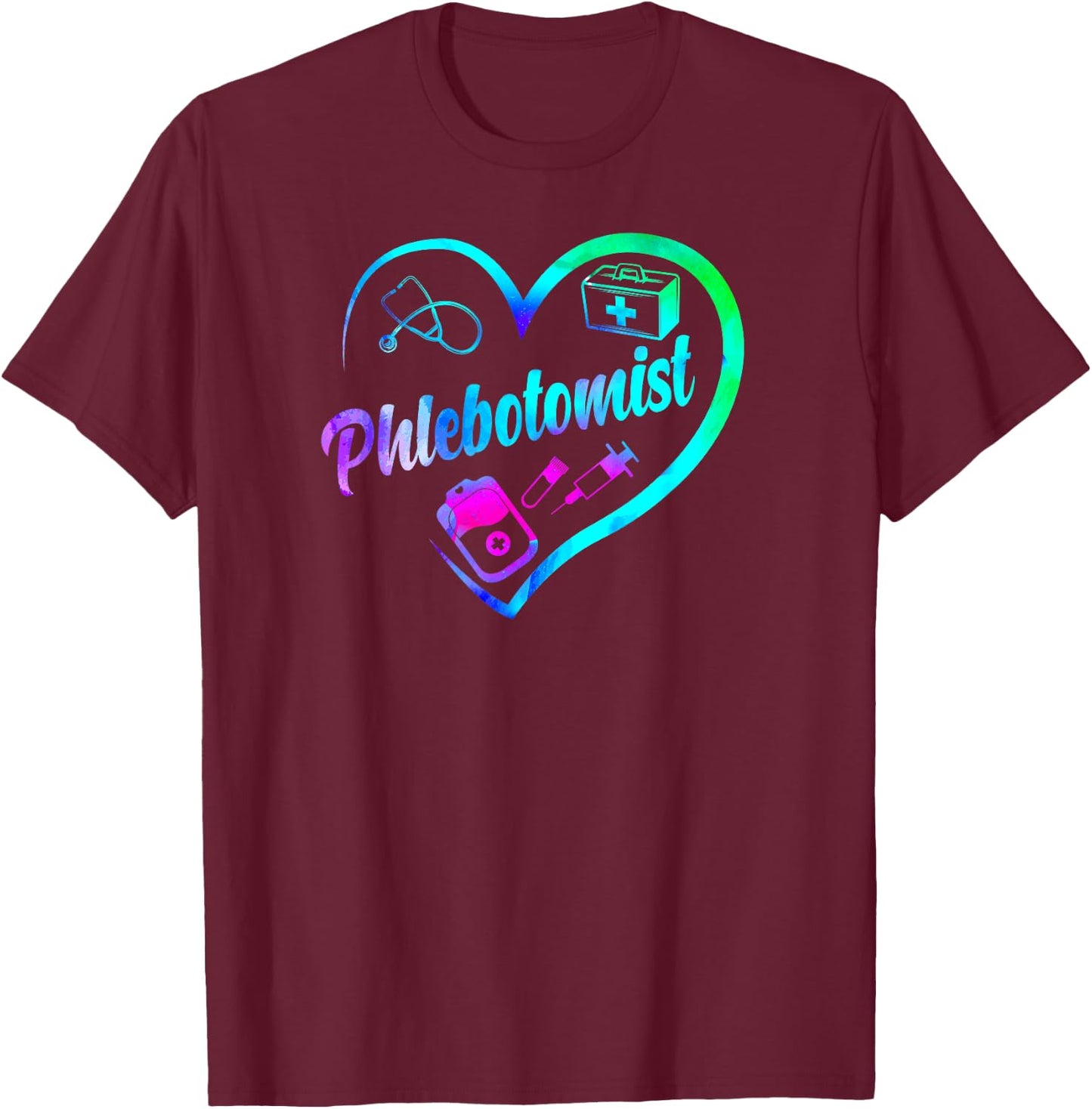 Phlebotomist Tech Technician Heart Watercolor T-Shirt - T-Shirt | Maroon