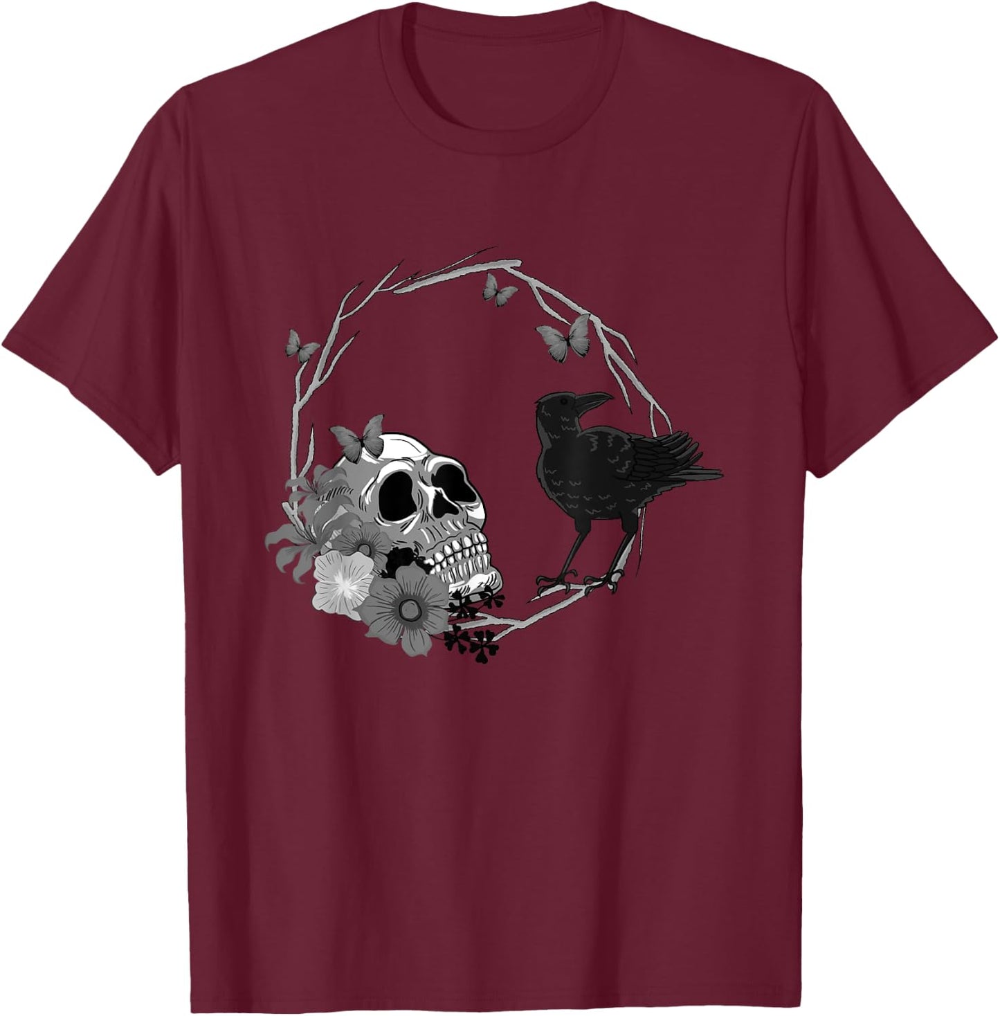 Floral Skull Death Crow Cool Scary Halloween Gothic Theme T-Shirt - T-Shirt | Maroon