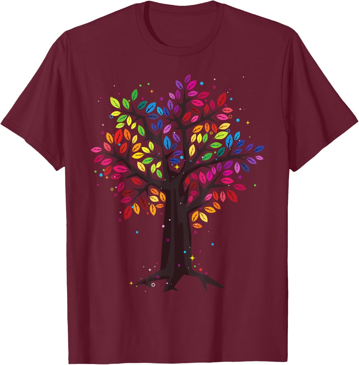 Rainbow Tree, Tree of Life, Colorful Leaf Rainbow Leaf T-Shirt - T-Shirt | Maroon