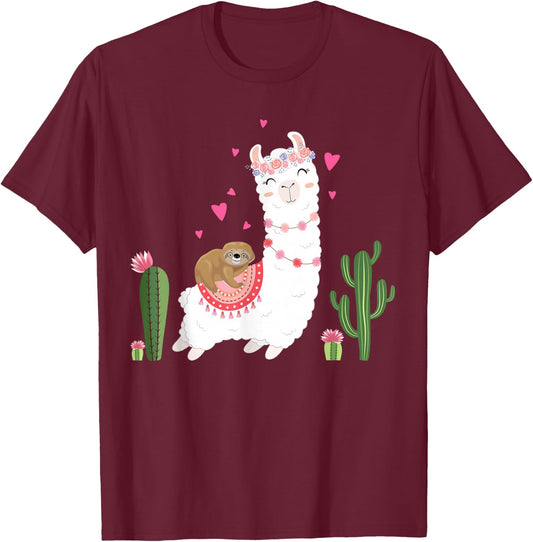 Cute Sloth Riding Llama Shirt Heart Valentines Day T-Shirt - T-Shirt | Maroon