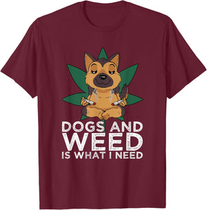 German Shepherd Dogs And Weed Smoking Joints Cannabis Leaf T-Shirt - T-Shirt | Maroon