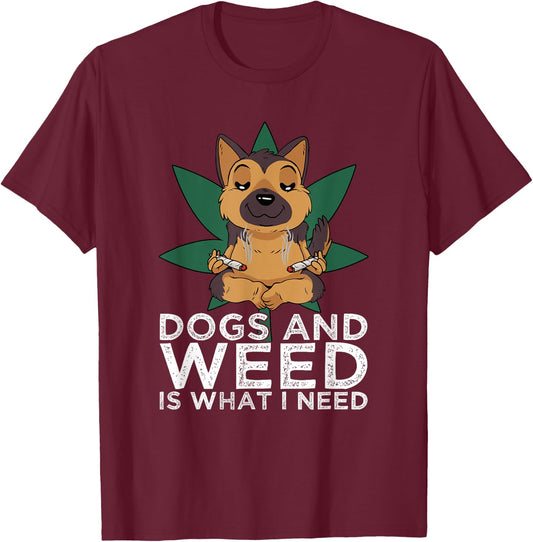 German Shepherd Dogs And Weed Smoking Joints Cannabis Leaf T-Shirt - T-Shirt | Maroon