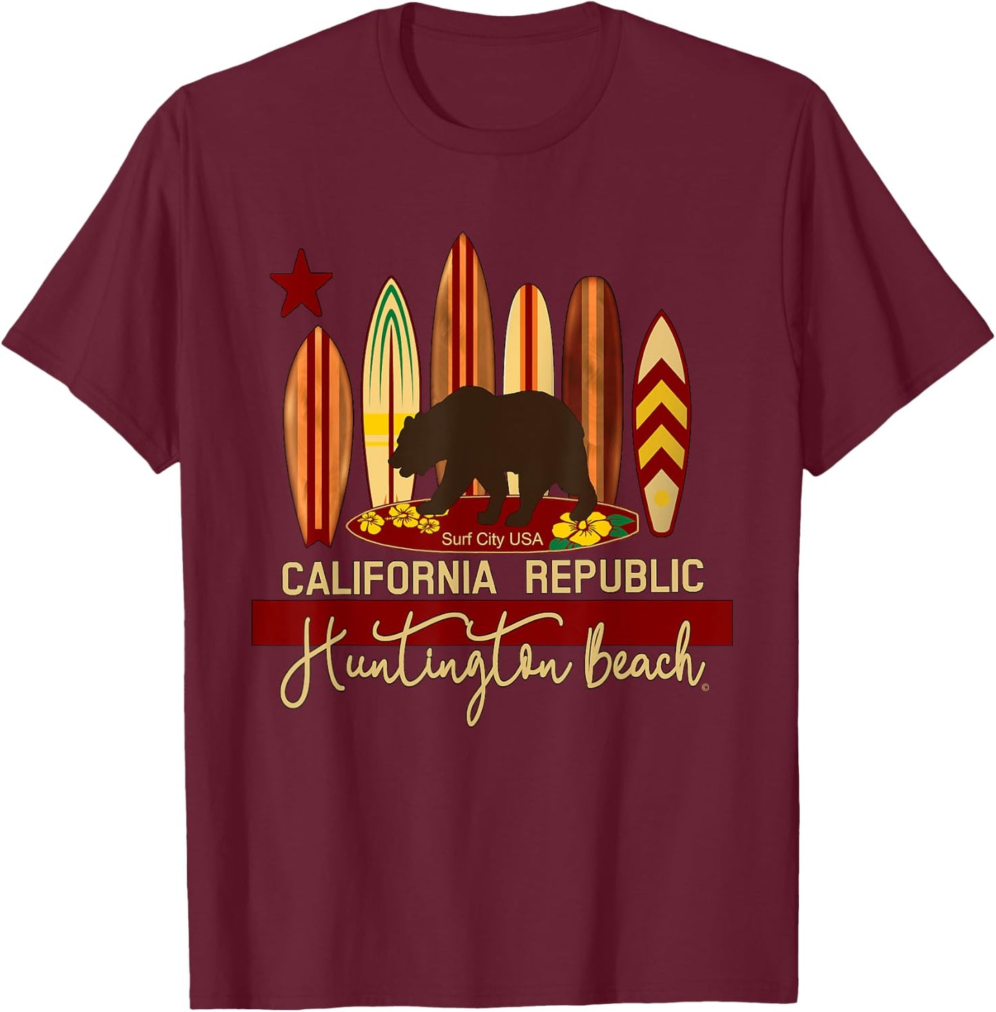 Huntington Beach California Republic Bear Surfer Keepsake T-Shirt - T-Shirt | Maroon