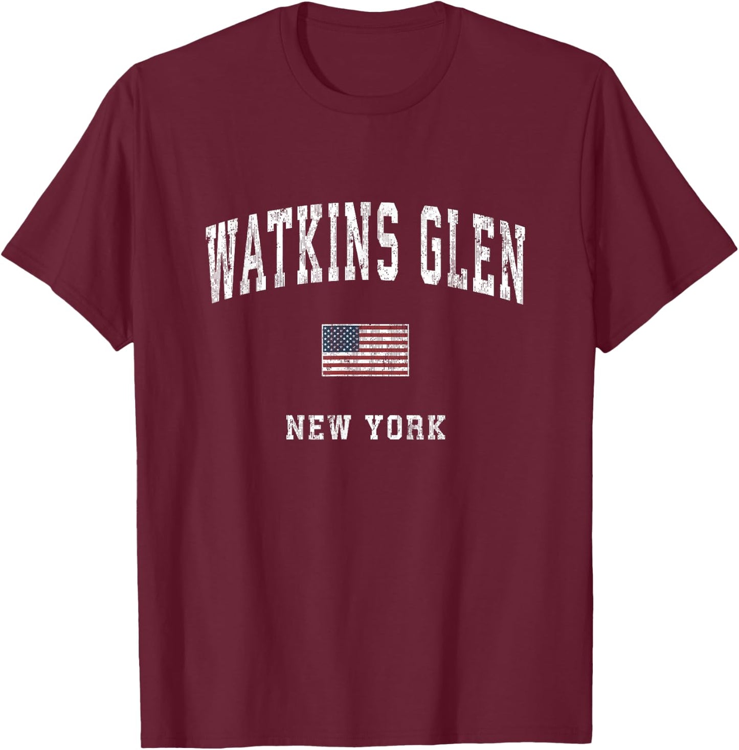 Watkins Glen New York NY Vintage American Flag Sports Design T-Shirt - T-Shirt | Maroon