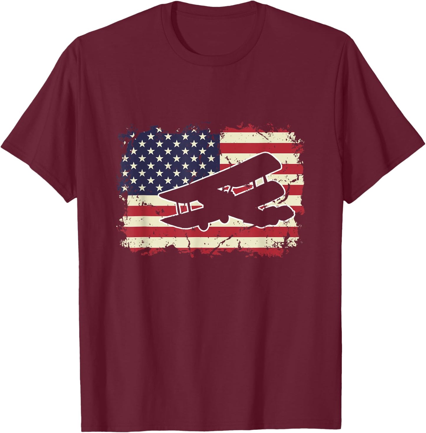 Biplane US Flag Patriotic American Aircraft Airplane Pilot T-Shirt - T-Shirt | Maroon
