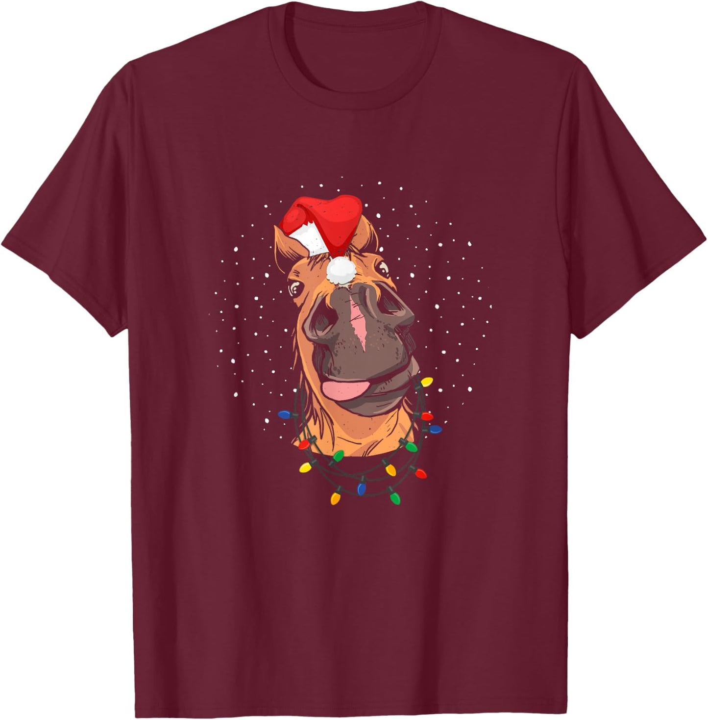 Horse Santa Hat Christmas Lights Riding Funny T-Shirt - T-Shirt | Maroon