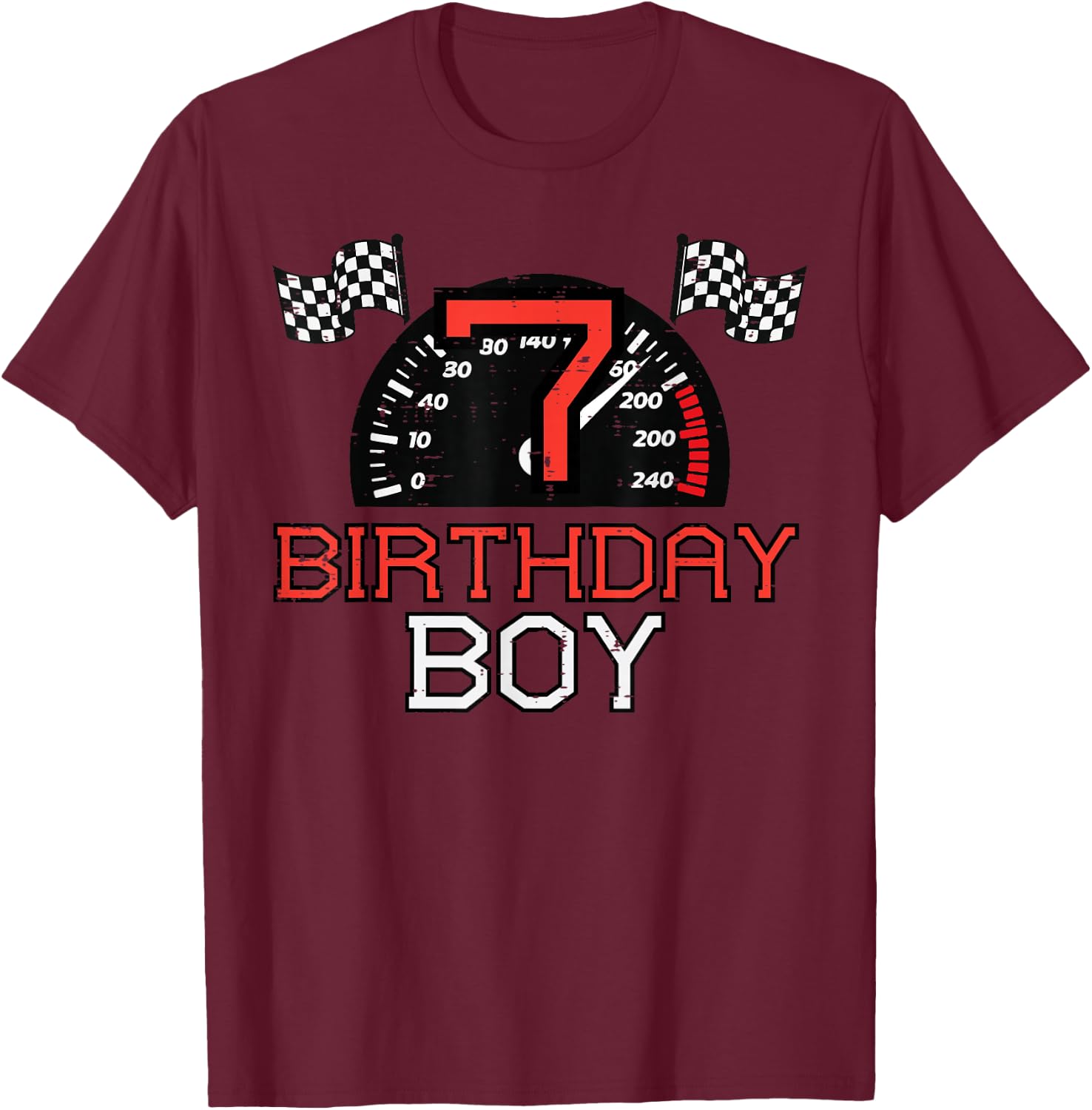 7 Birthday Boy Speedometer Race Flag 7th Bday Boys Kids T-Shirt - T-Shirt | Maroon