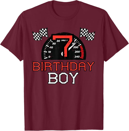 7 Birthday Boy Speedometer Race Flag 7th Bday Boys Kids T-Shirt - T-Shirt | Maroon