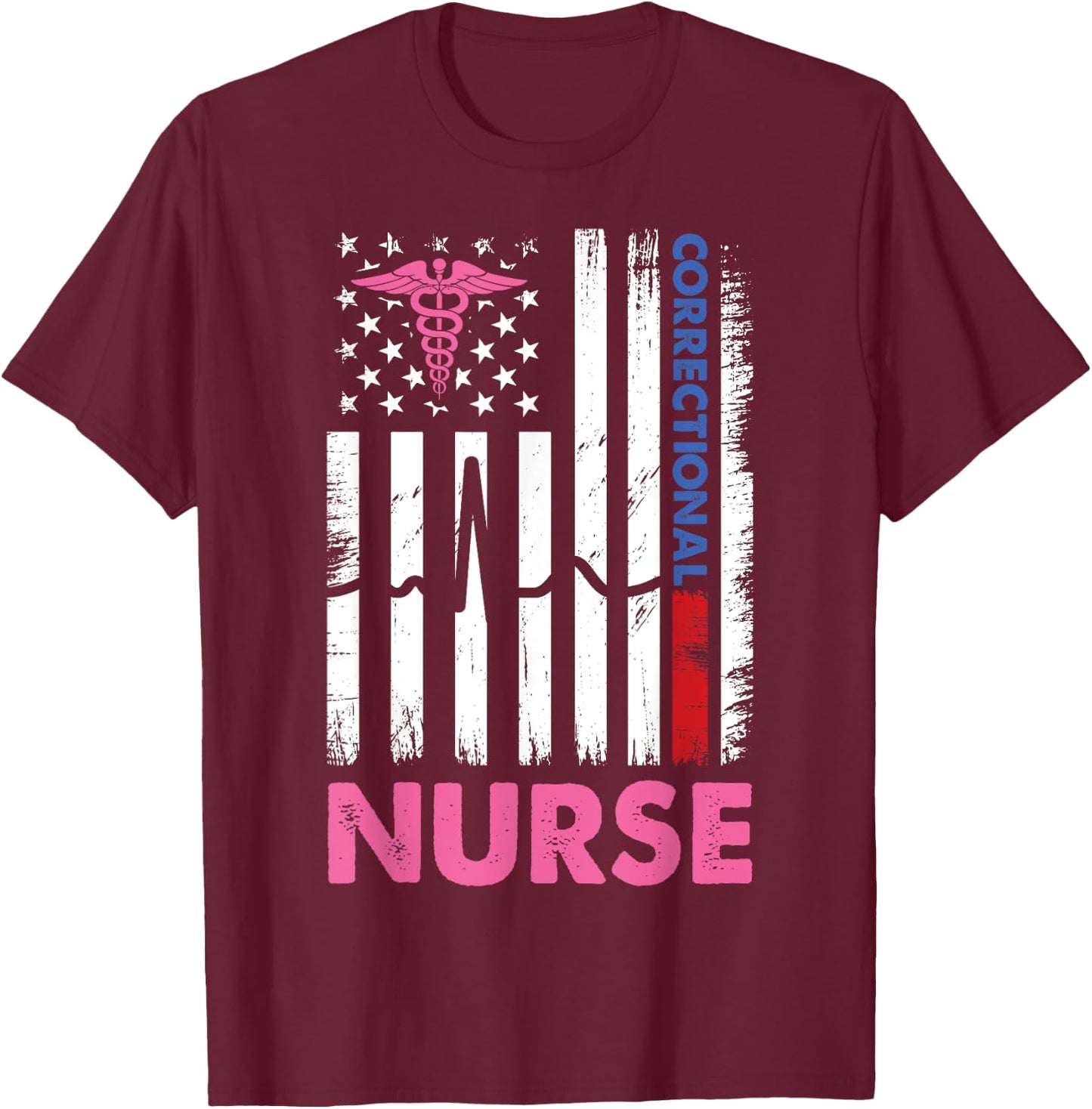 Funny Nurse Correctional American USA Flag Nurses heartbeat T-Shirt - T-Shirt | Maroon