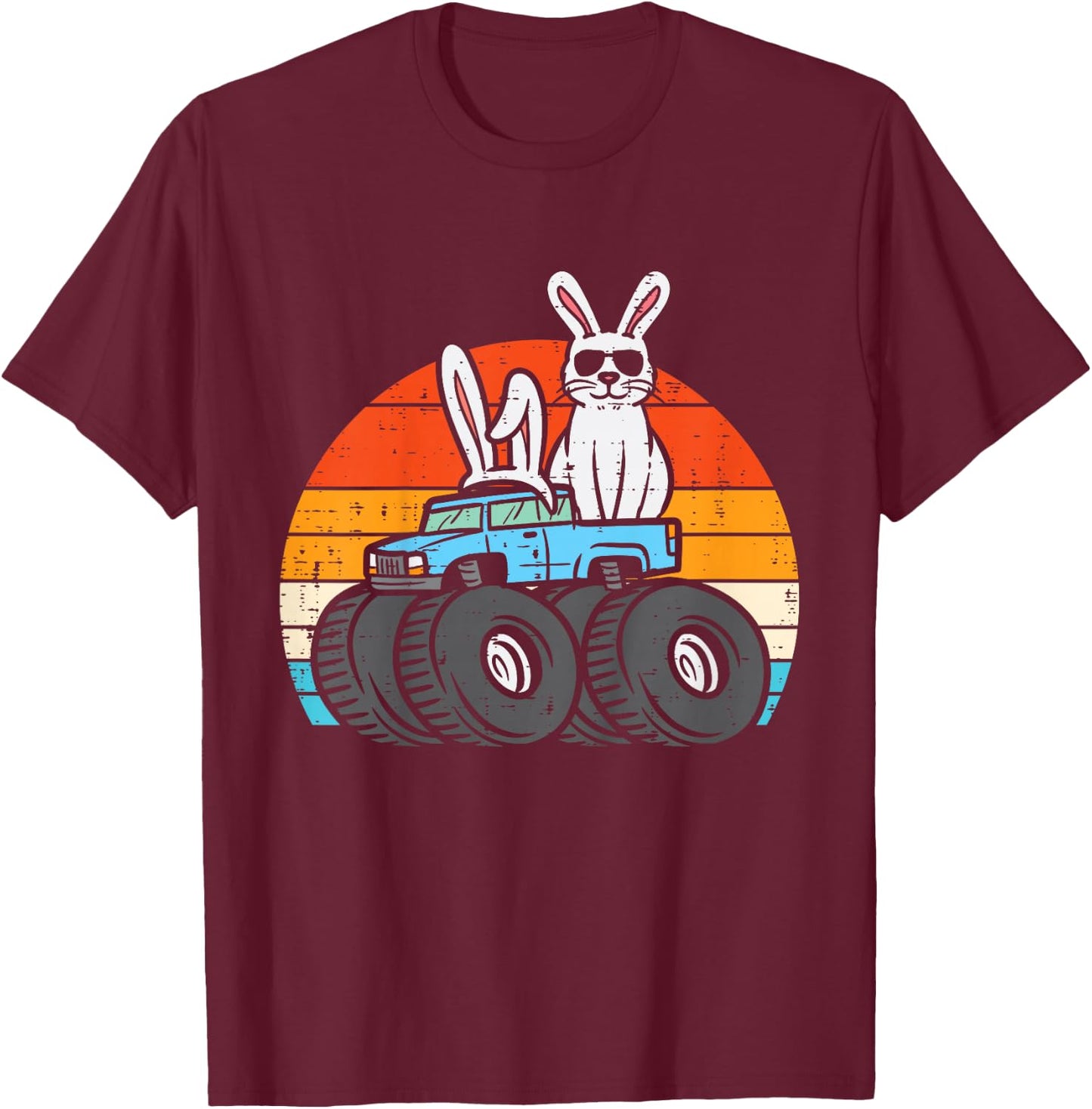 Kids Easter Bunny Rabbit Monster Trucks Retro Boys Kids Toddler T-Shirt - T-Shirt | Maroon