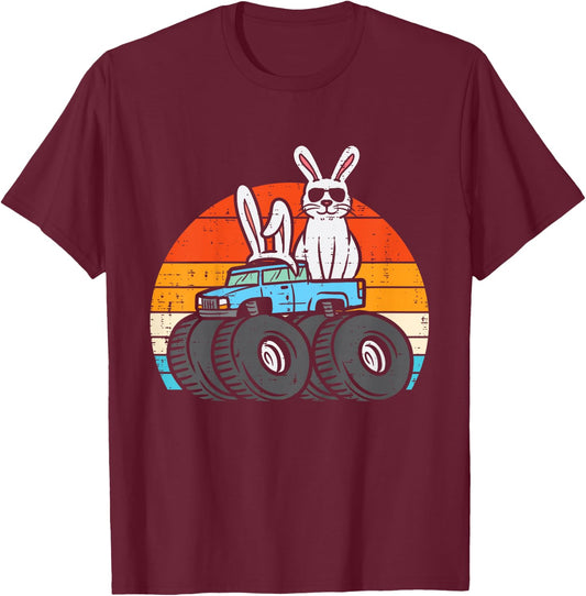 Kids Easter Bunny Rabbit Monster Trucks Retro Boys Kids Toddler T-Shirt - T-Shirt | Maroon
