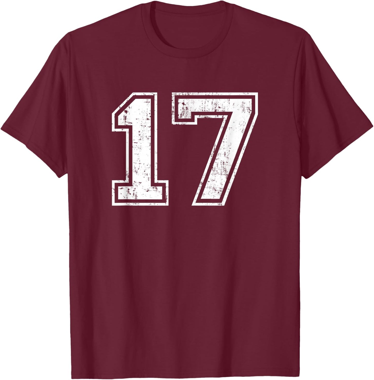 Number 17 Distressed Vintage Seventeen Sports Team Training T-Shirt - T-Shirt | Maroon