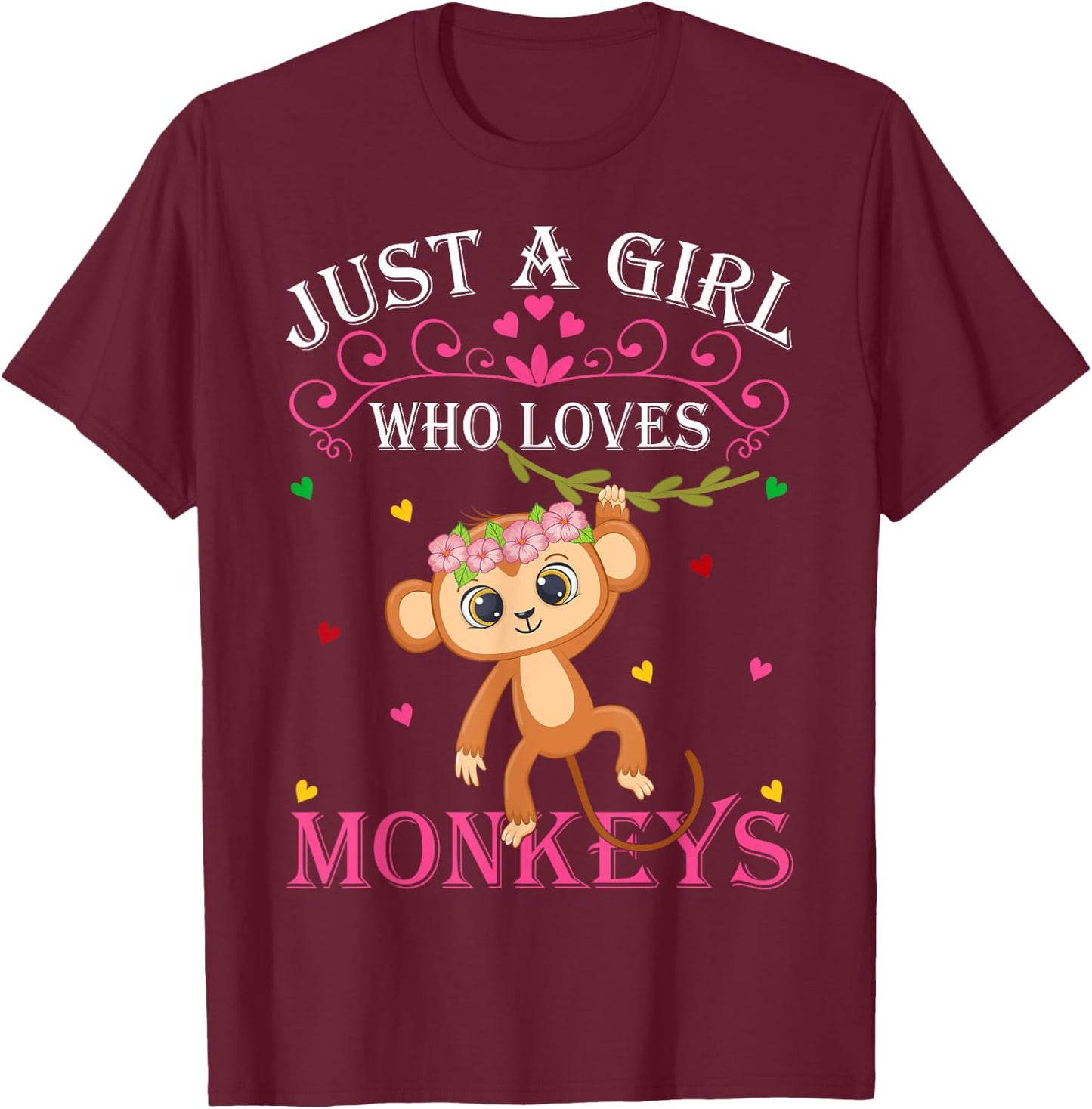 Just A Girl Who Loves Monkeys Cute Monkey Lover Kids T-Shirt - T-Shirt | Maroon