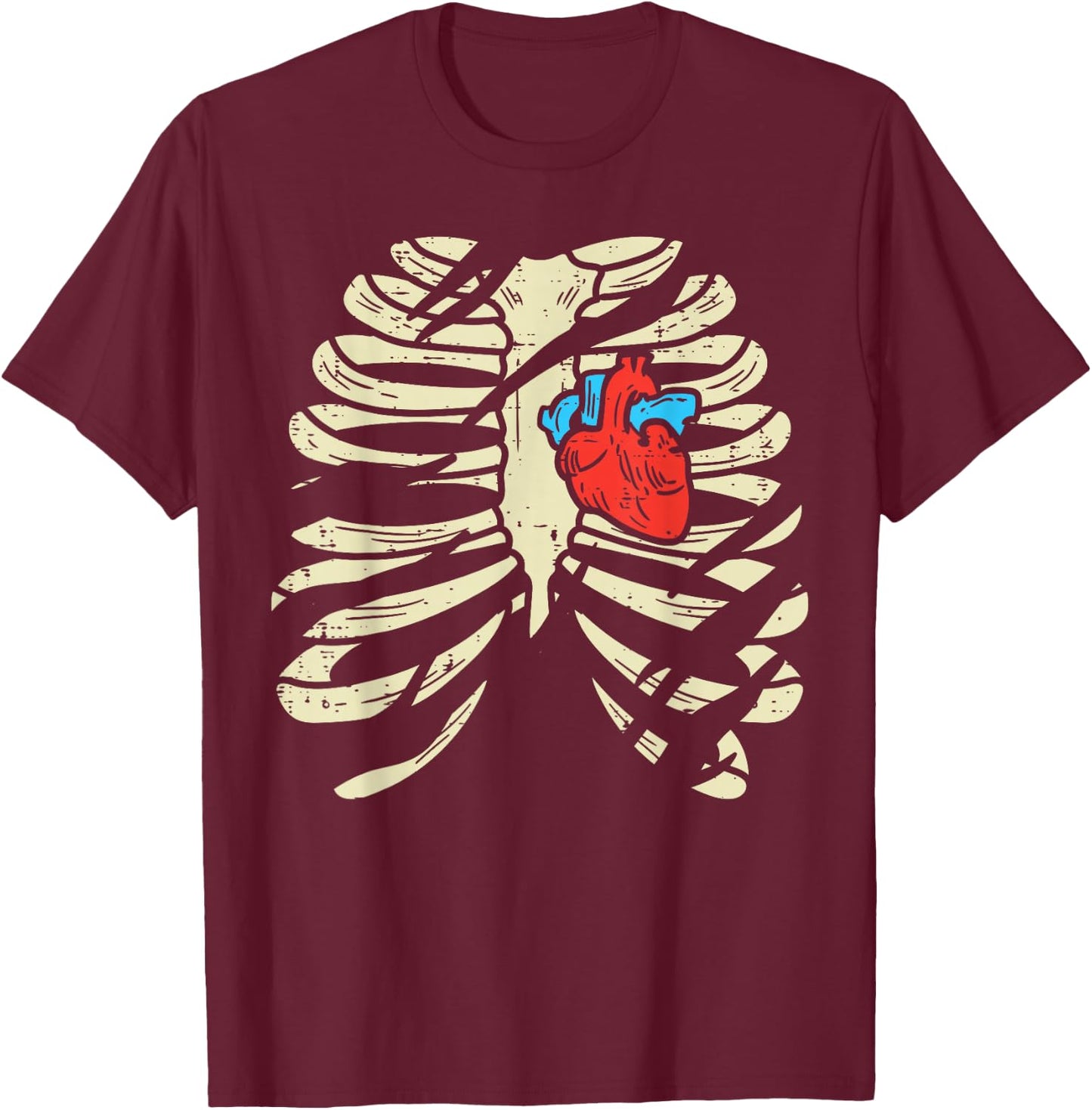 Skeleton Rib Heart Scary Spooky Halloween Men Women Boys Kid T-Shirt - T-Shirt | Maroon