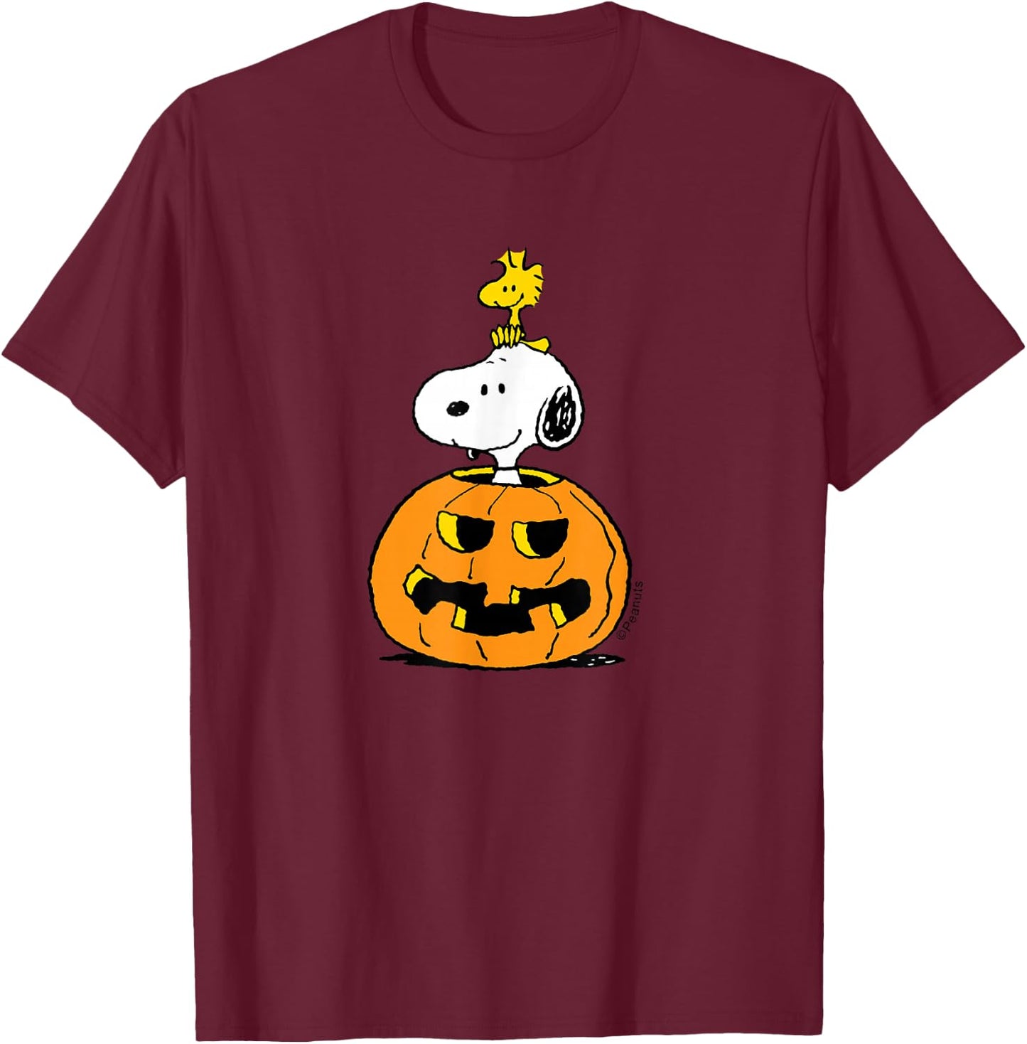 Peanuts - Halloween - Snoopy Woodstock Pumpkin T-Shirt - T-Shirt | Maroon