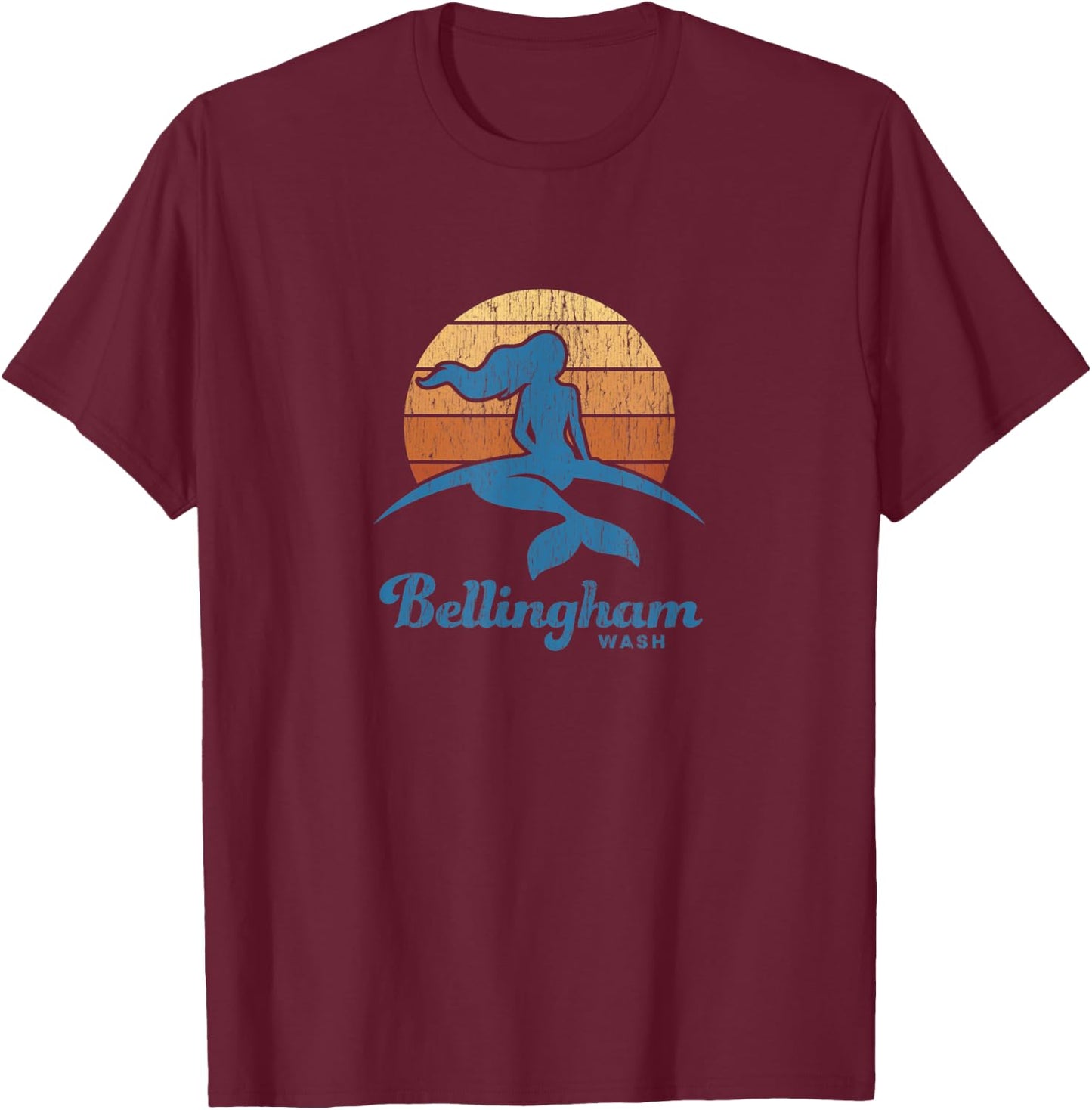 Bellingham WA Vintage Mermaid 70s Throwback Sunset T-Shirt - T-Shirt | Maroon