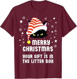 Merry Christmas Top Your Gift is in the Litter Box Cat Funny T-Shirt - T-Shirt | Maroon