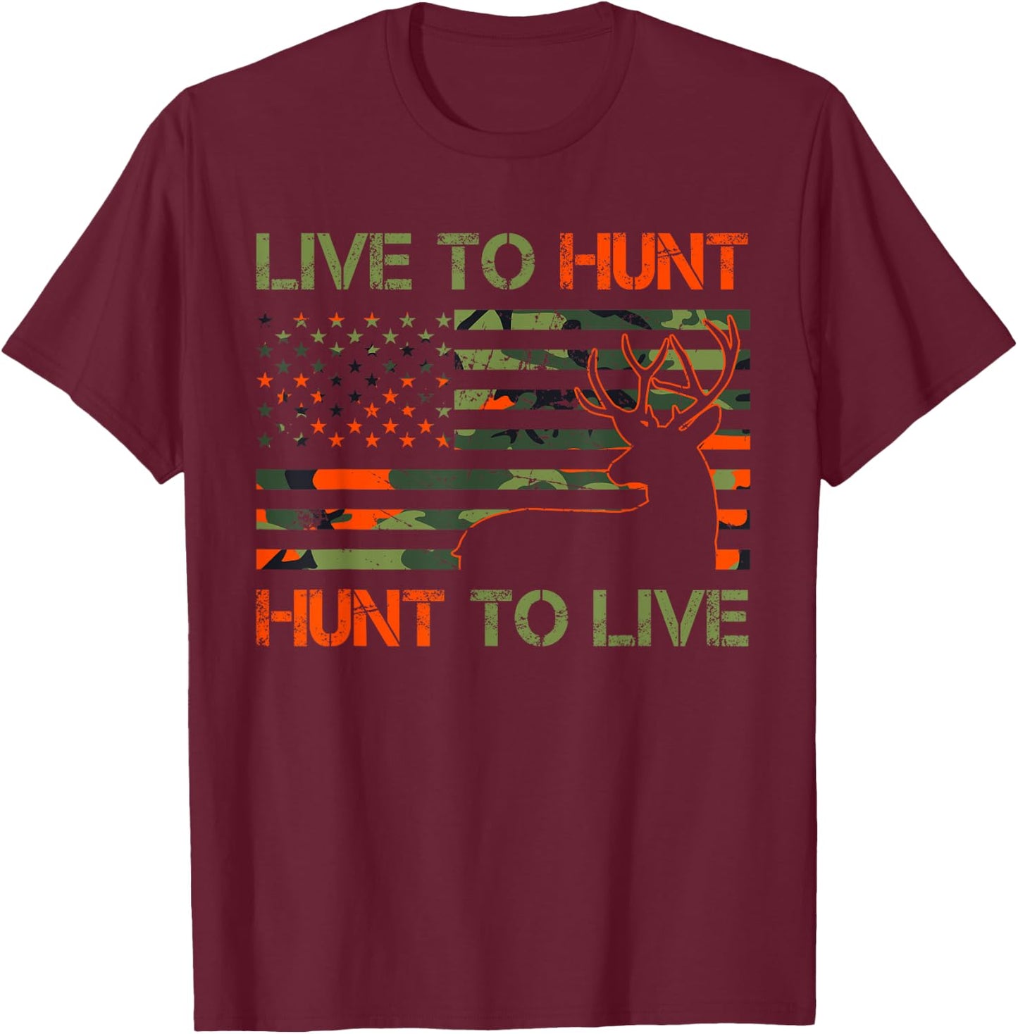 Live to Hunt Whitetail Buck Camo American Flag Deer Hunting T-Shirt - T-Shirt | Maroon