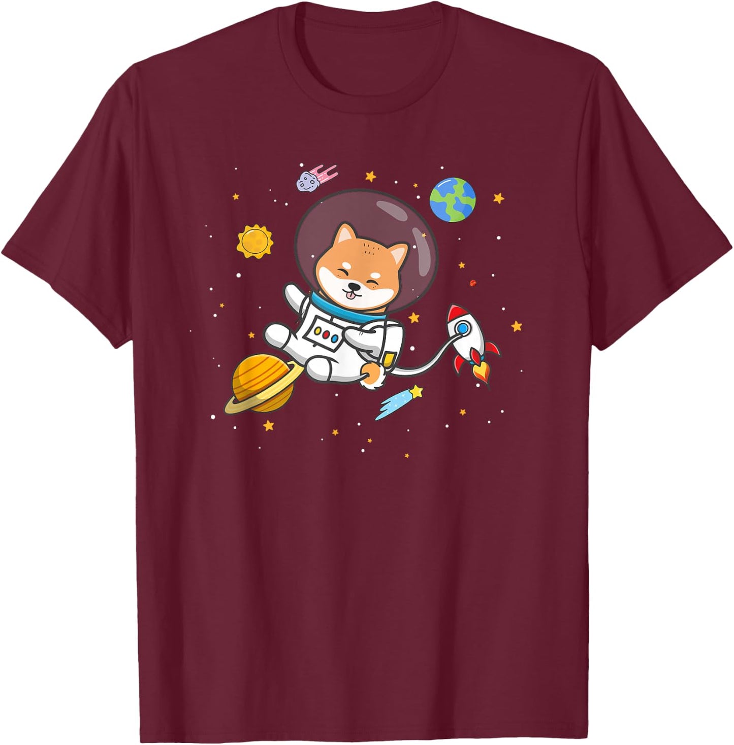 Kids Boys Doge Meme Lover Space Moon Shiba Inu Dog T-Shirt - T-Shirt | Maroon