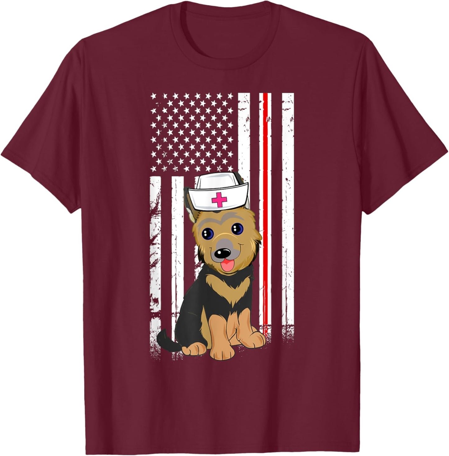 German Shepherd Dog Nurse American Flag Thin Red Line T-Shirt - T-Shirt | Maroon