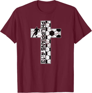 Philippians 4:13 Christian Soccer Player Jesus Christ Saves T-Shirt - T-Shirt | Maroon