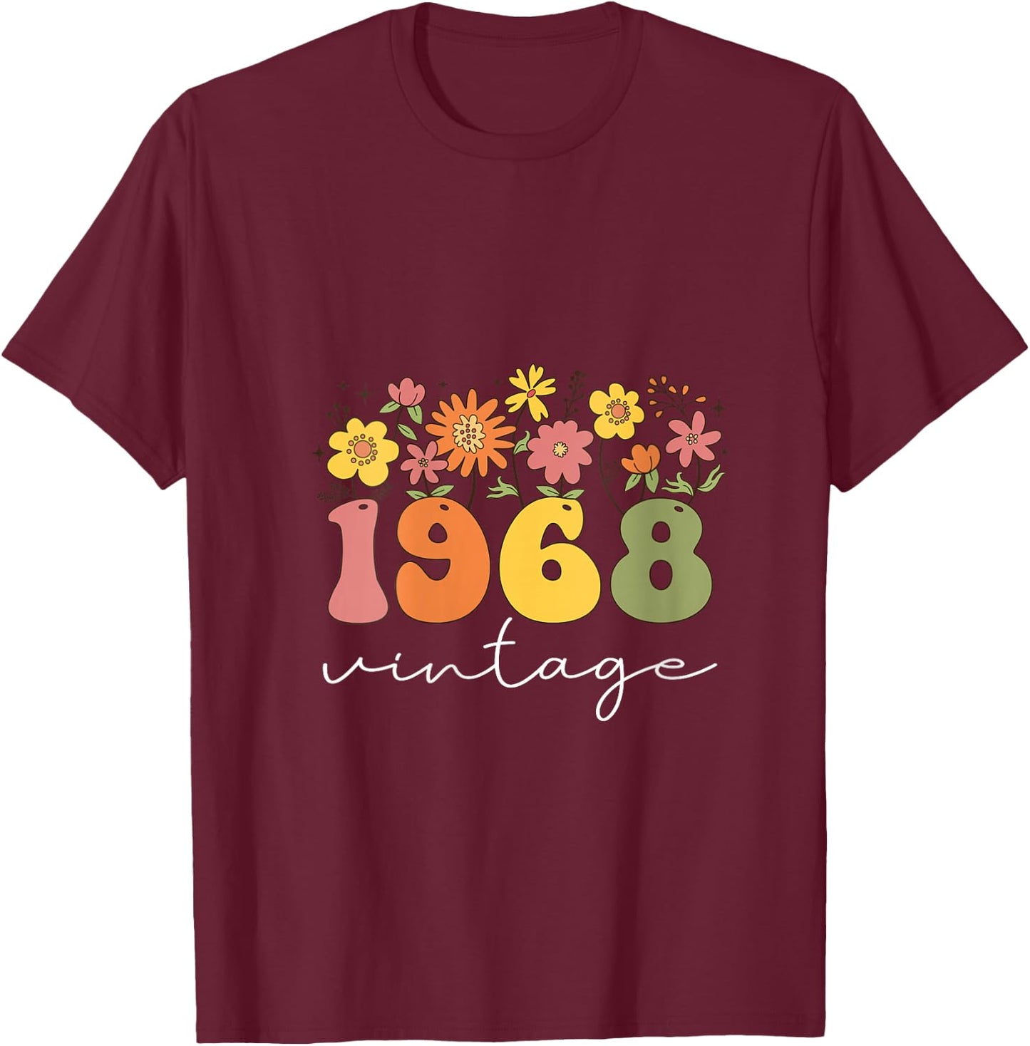 Women's 1968 Vintage Floral 55th Birthday Women Girls Wildflower V-Neck T-Shirt - T-Shirt | Maroon