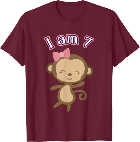 Seventh Birthday Monkey Kids for 7 Years Old T-Shirt - T-Shirt | Maroon