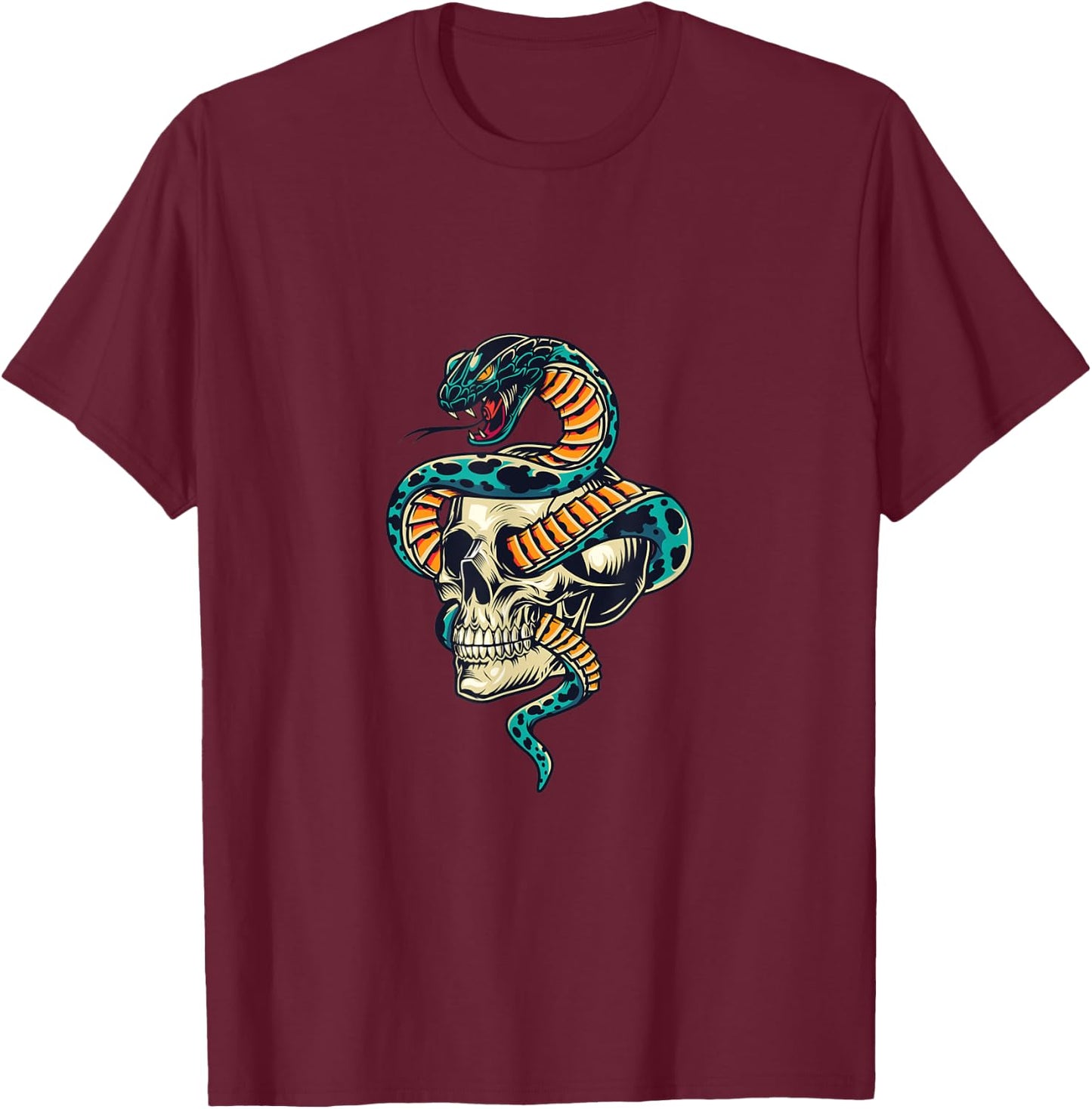 Tattoo Design Snake in Skull Cobra Skull T-Shirt - T-Shirt | Maroon