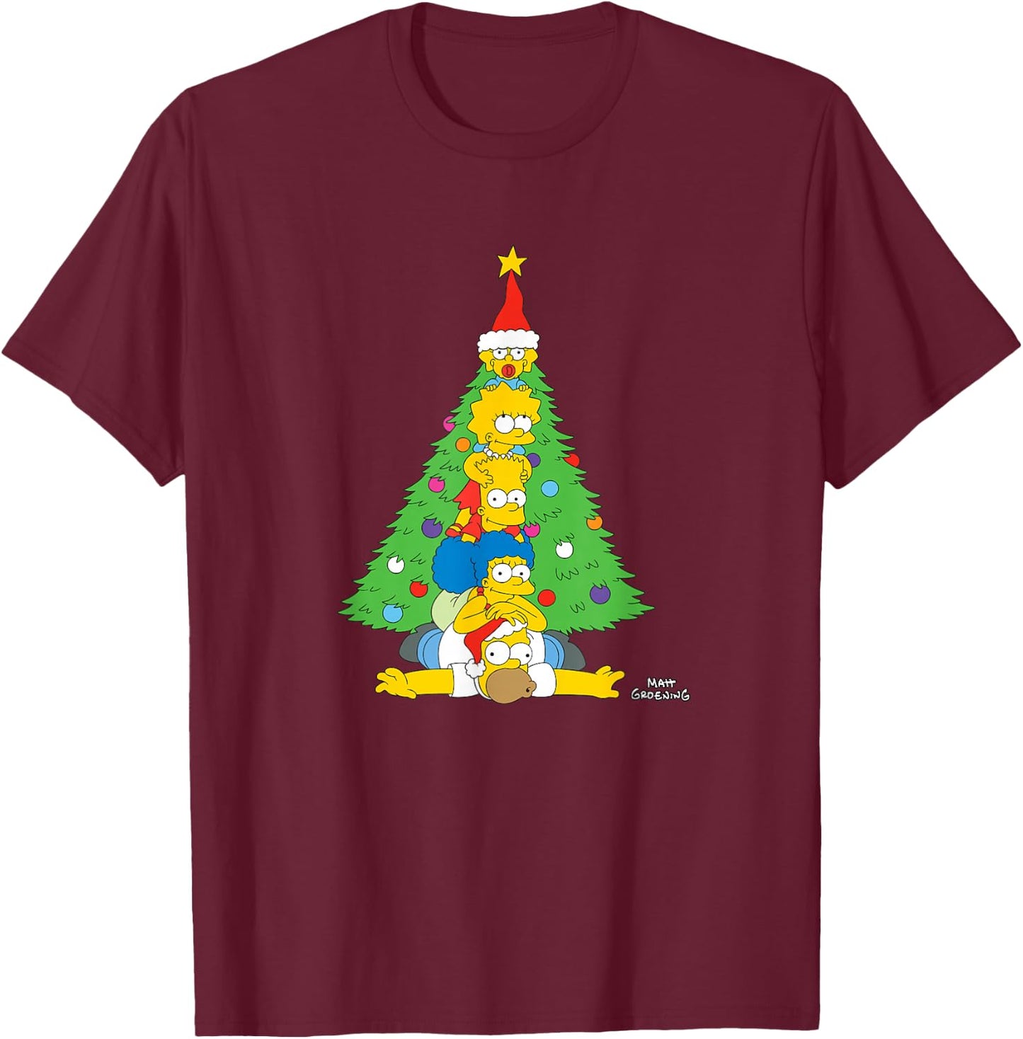 The Simpsons Holiday Family Christmas Tree Stack T-Shirt - T-Shirt | Maroon