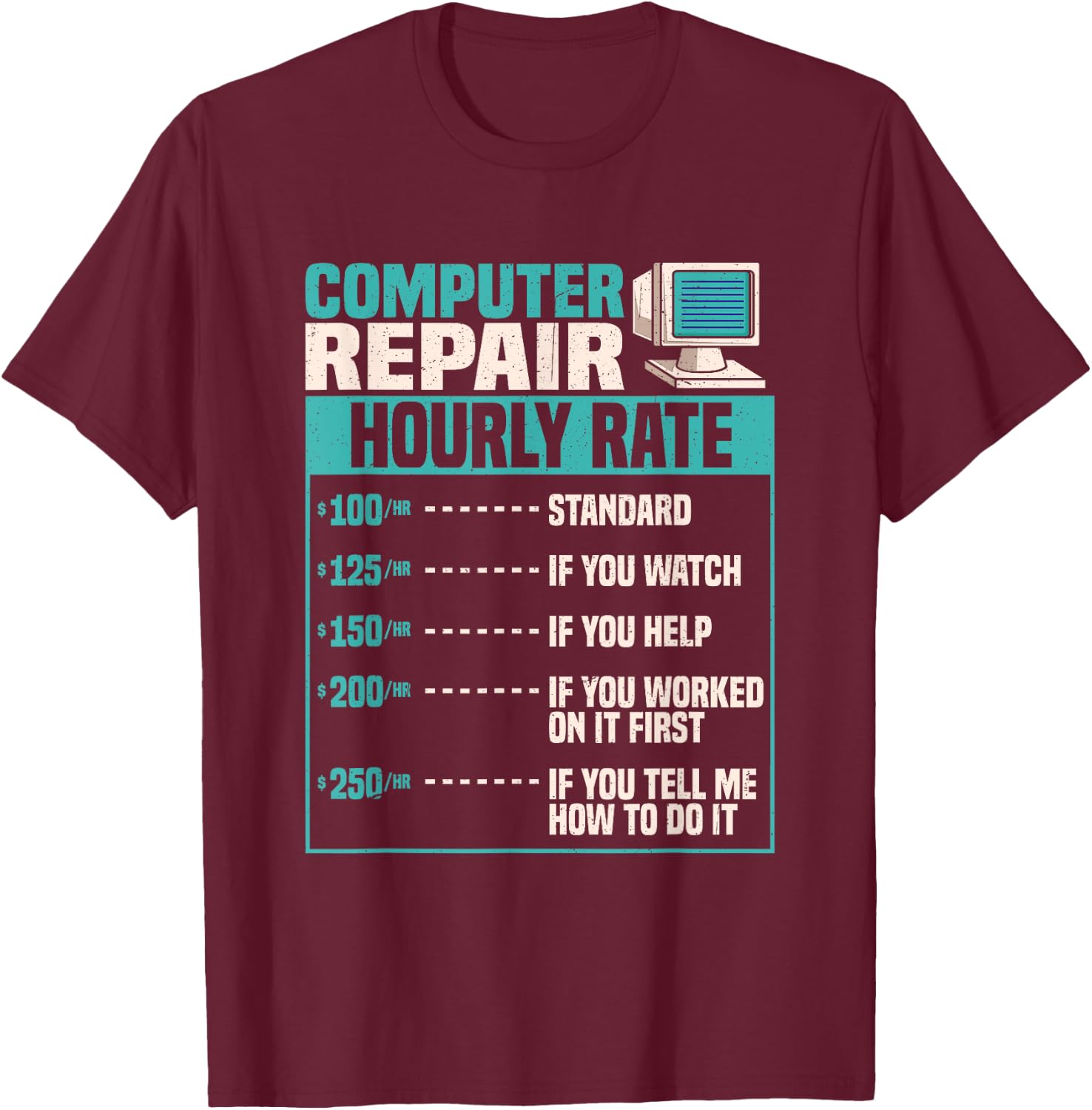 Funny Computer Repair Hourly Rate Small T-Shirt - T-Shirt | Maroon