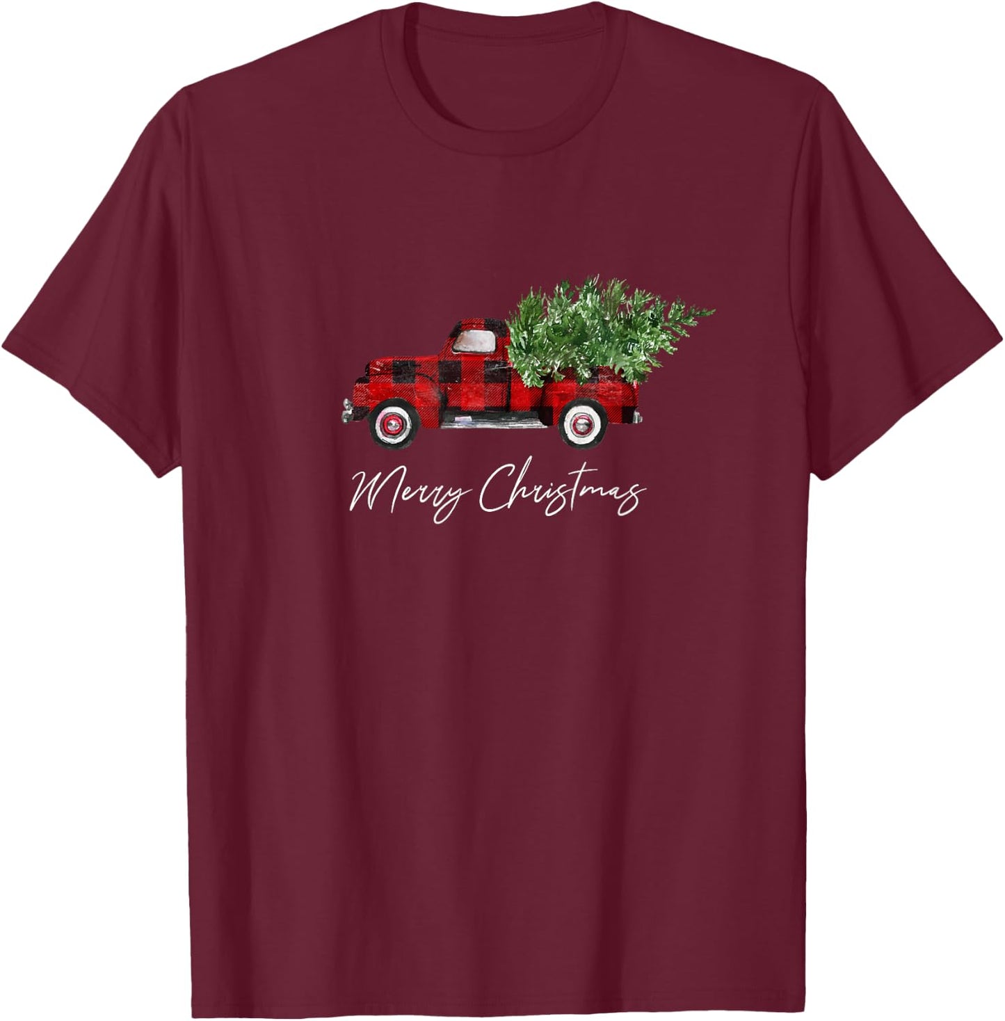 Merry Christmas Tree on Buffalo Plaid Truck T-Shirt - T-Shirt | Maroon