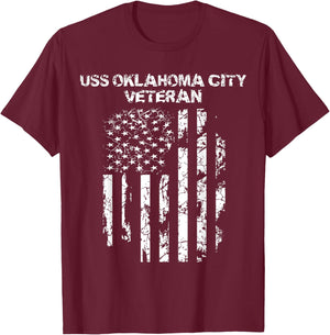 USS Oklahoma City Military Veteran Distressed USA Flag T-Shirt - T-Shirt | Maroon
