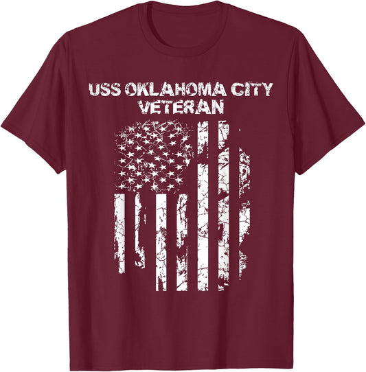 USS Oklahoma City Military Veteran Distressed USA Flag T-Shirt - T-Shirt | Maroon