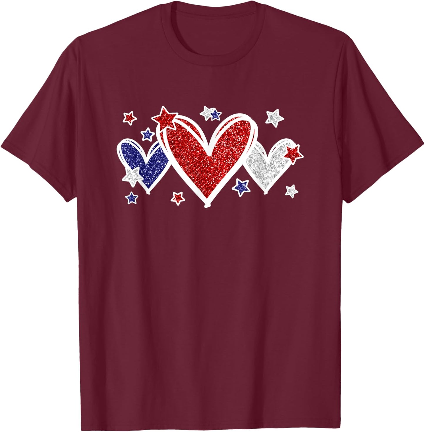 Cute Red White Blue Hearts And Stars For Patriotic Women T-Shirt - T-Shirt | Maroon