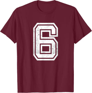 White Distressed Sports Team Number #6 T-Shirt - T-Shirt | Maroon