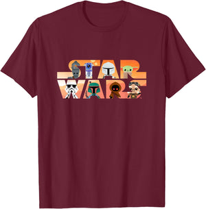 Star Wars Logo The Mandalorian Kawaii Characters T-Shirt - T-Shirt | Maroon