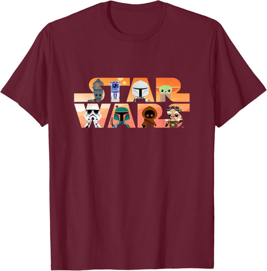 Star Wars Logo The Mandalorian Kawaii Characters T-Shirt - T-Shirt | Maroon