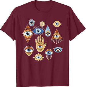 Evil Eye Curse Protection Hand of Hamsa Seeing Eyes T-Shirt - T-Shirt | Maroon