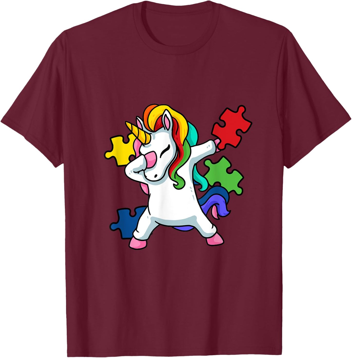 Dabbing Unicorn Puzzle Kids Autism Awareness Month T-Shirt - T-Shirt | Maroon