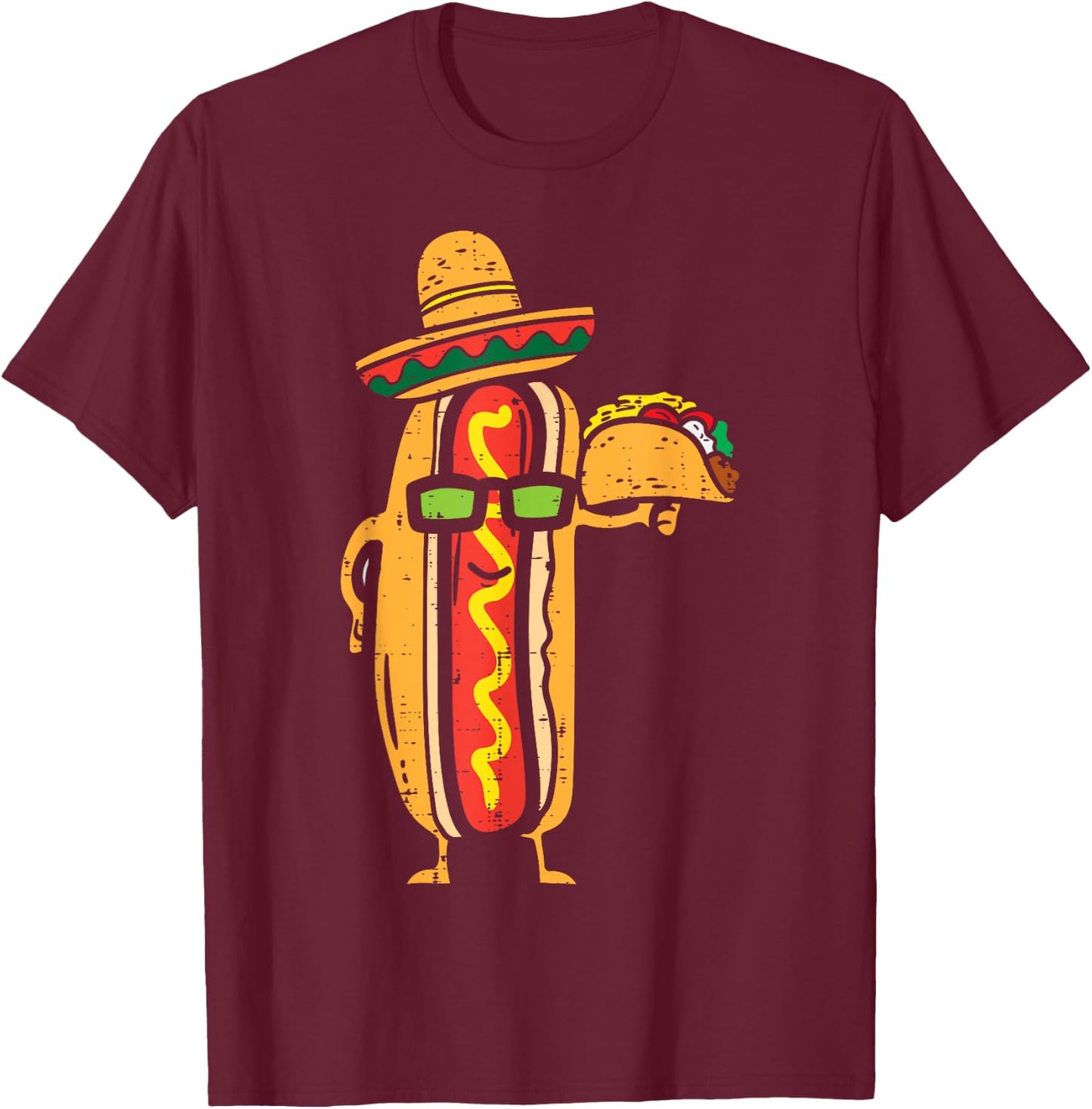 Mexican Hot Dog Holding Taco Funny Cinco De Mayo Food Lover T-Shirt - T-Shirt | Maroon