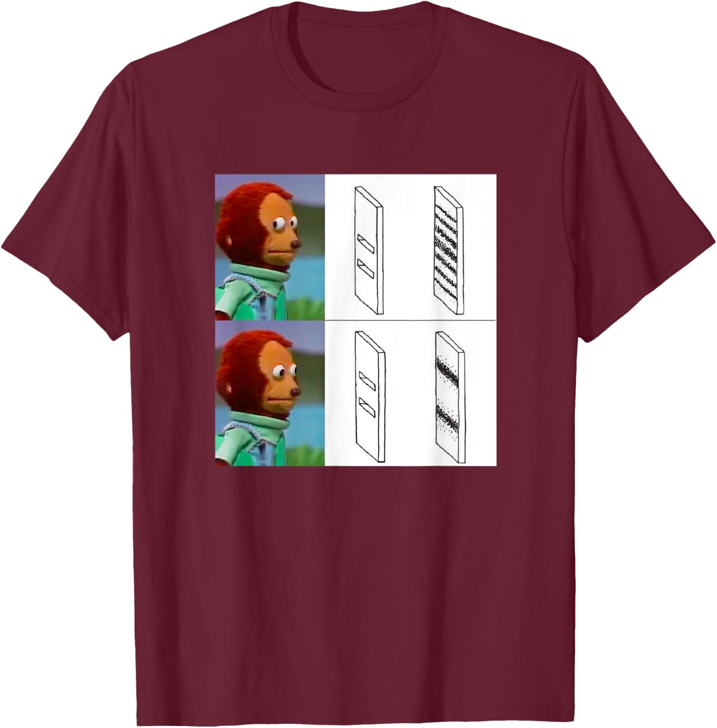 Observer Effect Meme Funny Quantum Physics Awkward Monkey T-Shirt - T-Shirt | Maroon