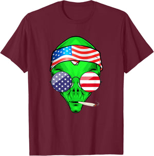 Hippie Alien American Flag 4th of July Funny Marijuana Weed T-Shirt - T-Shirt | Maroon