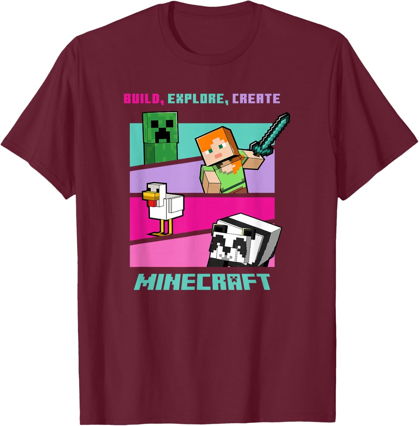Minecraft Build Explore Create Group Poster T-Shirt - T-Shirt | Maroon