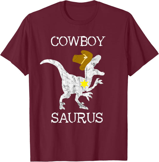 Cowboy Saurus Wild West Sheriff Rancher T Rex Dinosaur Shirt T-Shirt - T-Shirt | Maroon