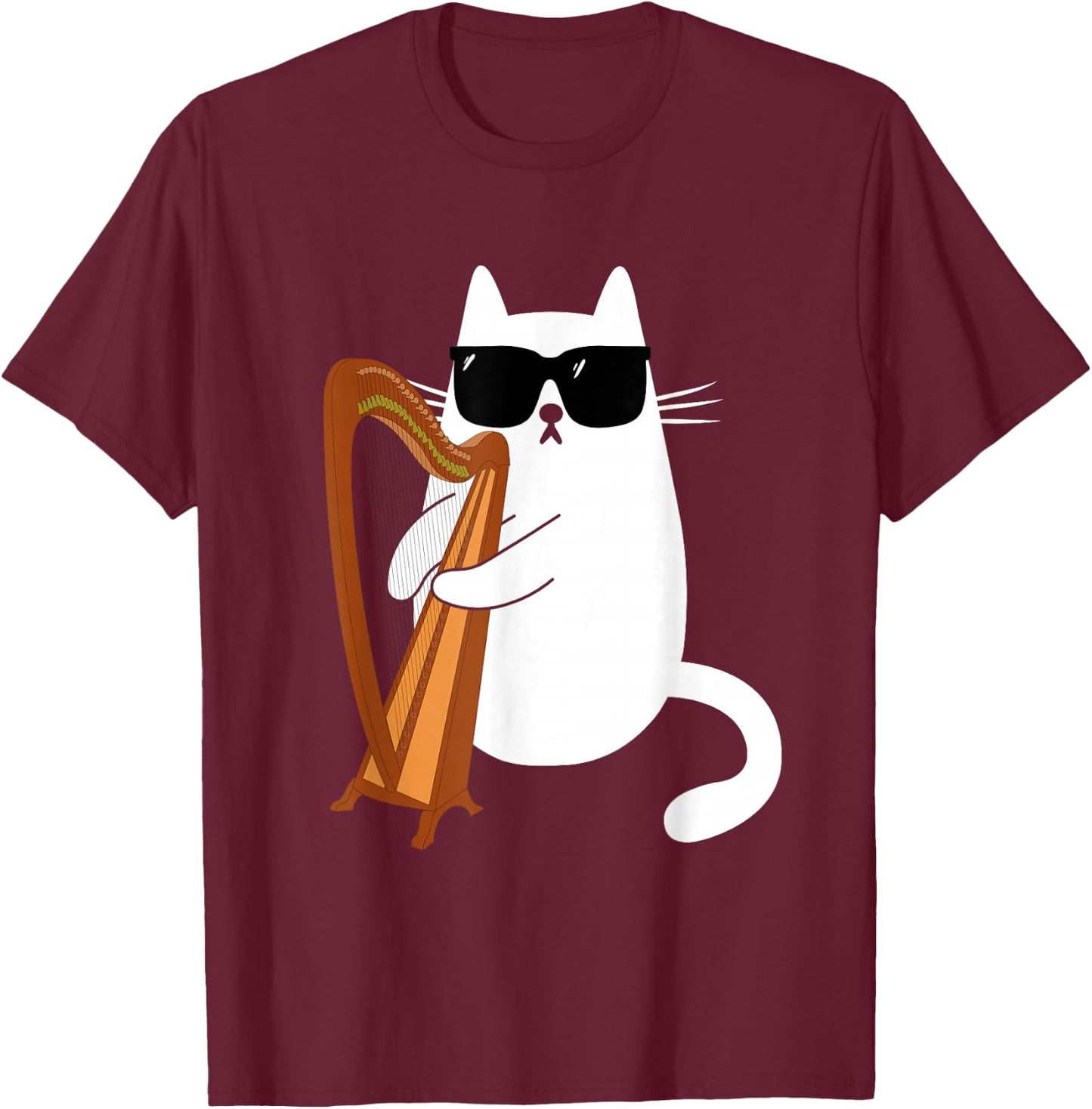Funny Cat Wearing Sunglasses Playing Harp Harpist Musician T-Shirt - T-Shirt | Maroon